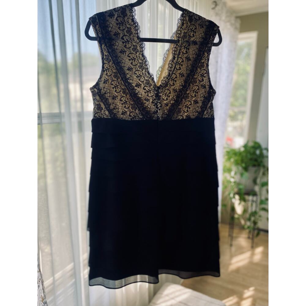 Scarlett Nite Dress Tan Black Lace V-Neck Cocktail Party Ruffle Hem Sleeveless